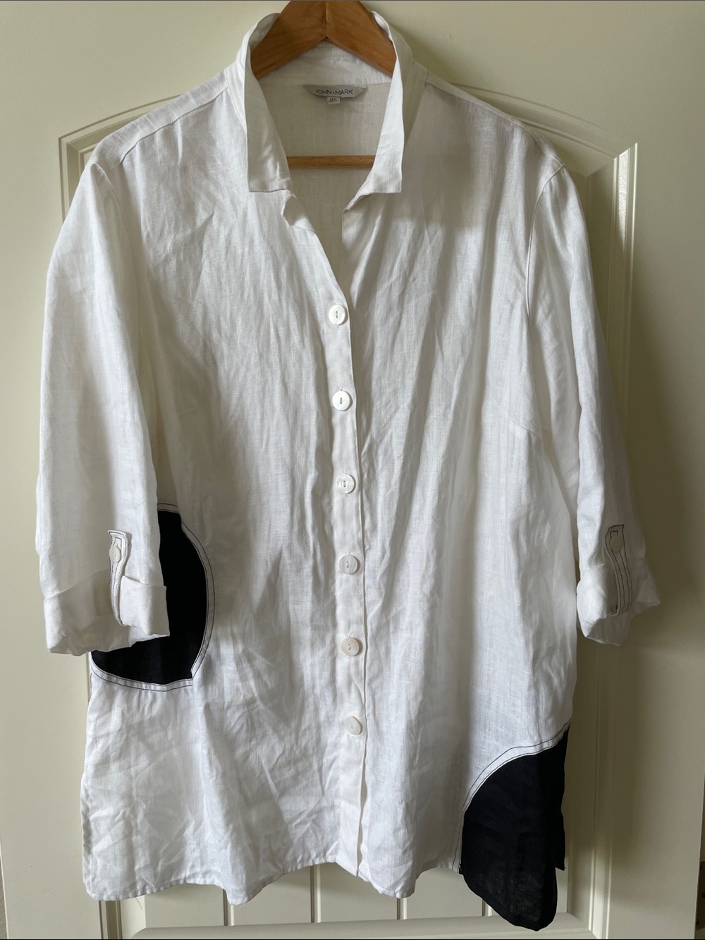 John Mark White Linen Button-Front Blouse with Black Accents